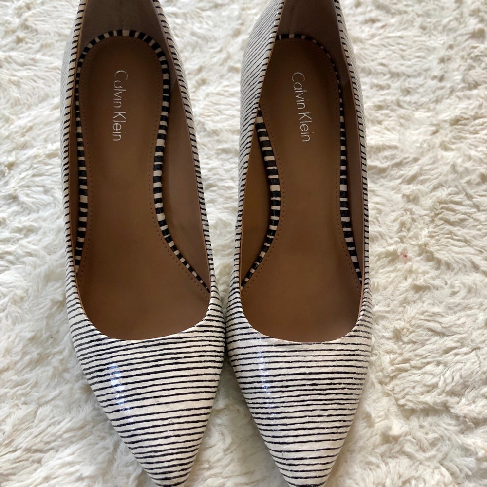 Calvin Klein black and white stripe stilettos